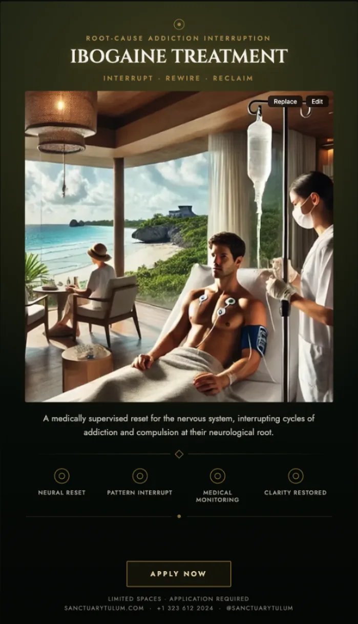 Ibogaine Treatment at Sanctuary Tulum — Licensed Medical Care in Mexico Ibogaine treatment at Sanctuary Tulum — medically supervised IV and cardiac monitoring for addiction reset in Mexico