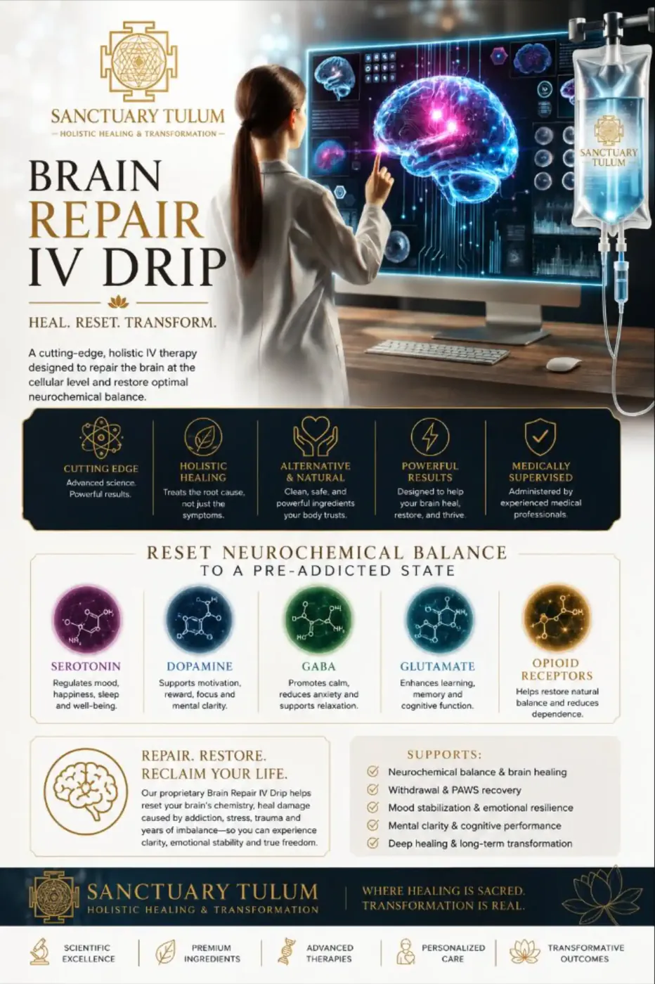 Brain Repair IV Drip protocol — Pouyan Method component Brain Repair IV Drip protocol delivered at Sanctuary Tulum as part of the Pouyan Method