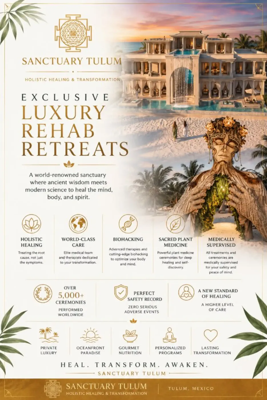 Holistic Sanctuary luxury rehab retreats infographic: holistic healing, world-class care, biohacking, sacred plant medicine, medically supervised
